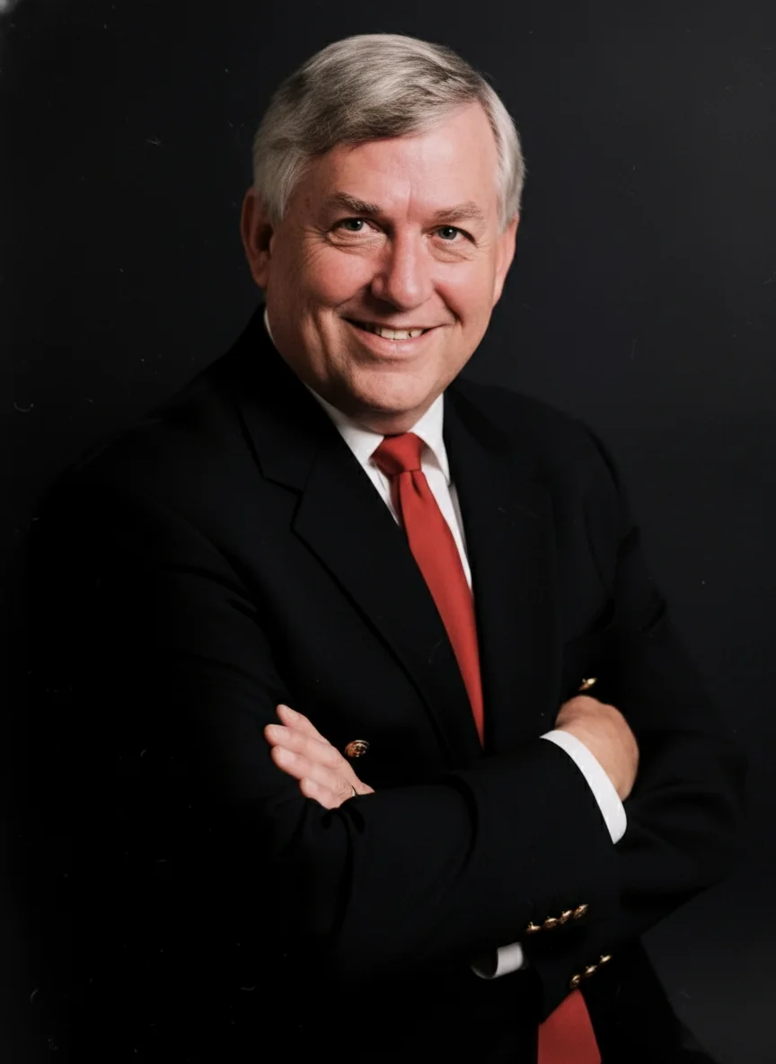 Portrait of our founder, Frank Todd smiling in a black suit and red tie
